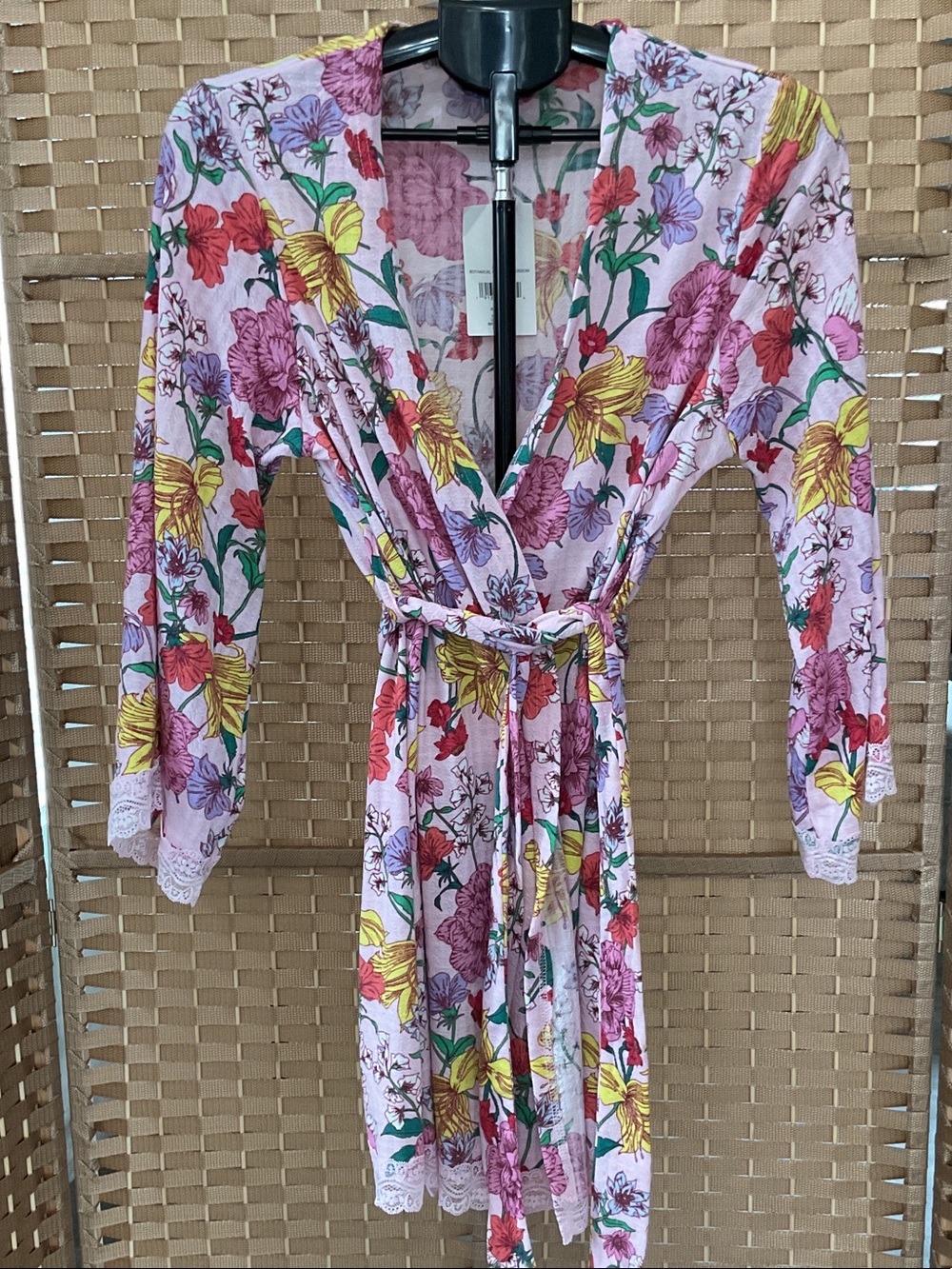 LOFT Pink Floral Wrap Robe with Lace Trim